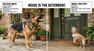 Do Family Dogs Deter Intruders? Myth vs. Reality 3 comparison graphic of a big dog and a small dog