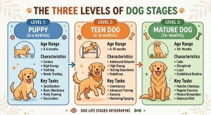Simple infographic of the three levels with the dog stages (puppy, teen dog and mature dog)