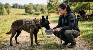 Is Your Dog Drinking Enough Water? Hidden Dangers 3 handler offering water to a working dog during a training break