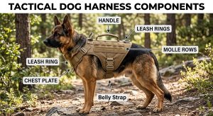 Best Tactical K9 Harness Guide: What Handlers Check 3 labelled diagram chest plate, belly strap, handle, leash rings, MOLLE rows
