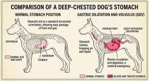 Diagram showing normal stomach vs GDV in a deep-chested dog