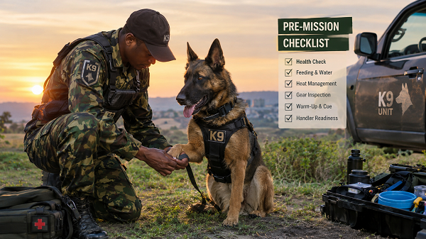 K9 handler gear checklist laid out before deployment