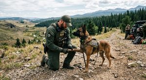 K9 handler checking dog’s paws before a mission