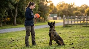 K9 handler holding reward toy while working dog waits for release
