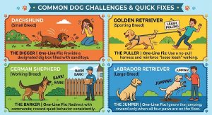 2x2 grid with the four dog types and one-line fixes
