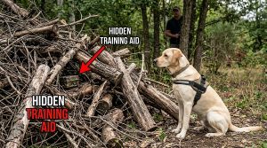 Explosive detection dog giving a passive alert