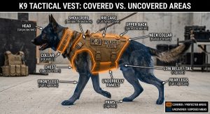 diagram of a K9 vest showing covered vs. uncovered areas