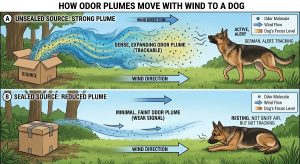 diagram showing odor plume moving with wind toward a dog, with a sealed box releasing less odor