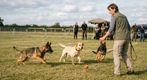 dog evaluated for selection, showing a ball-drive test