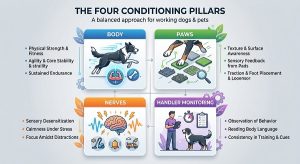 four conditioning pillars body, paws, nerves, handler monitoring