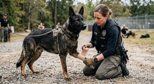 handler applying a pressure bandage to a dog's leg during a training drill]