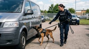 military explosive detection dog searching a vehicle