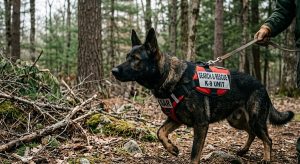 German Shepherd search and rescue dog working on rubble
