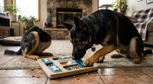 German Shepherd using a puzzle toy for mental stimulation