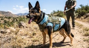 German Shepherd working dog wearing an evaporative cooling vest in hot weather