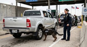 a detection dog working a vehicle checkpoint