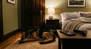 dog in a safe room during a home invasion drill