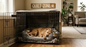 dog resting calmly in a crate or quiet corner, with a quiet zone label