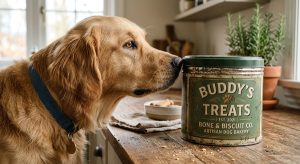 dog sniffing the seam of a metal treat tin