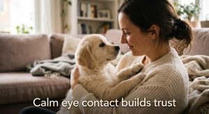 puppy making soft eye contact with its owner