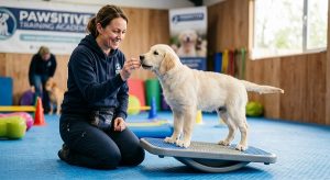 puppy on a wobbly board with a handler offering a treat