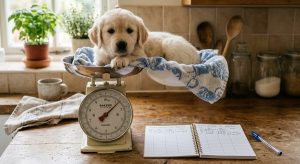 puppy on a kitchen scale beside a weight log