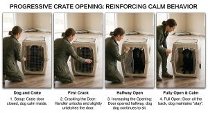 dog sitting calmly while a handler opens a crate door in stages