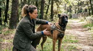 handler checking body condition of a working dog