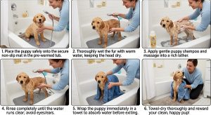 series of a puppy bath with a non-slip mat