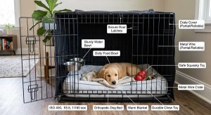 set-up dog crate with labeled items