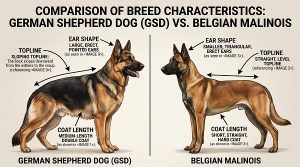 Comparison of topline, ear shape and coat length of both breeds (GSD and Malinois)