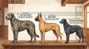 Height comparison of Irish Wolfhound, Great Dane and Scottish Deerhound