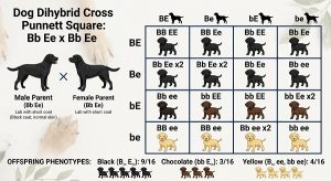 Labrador coat color genetics chart showing black, yellow and chocolate outcomes