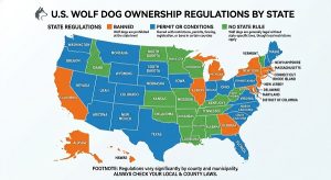 Are Wolf Dogs Legal to Own? 2026 Laws by Country and State 3 US map graphic showing where wolf dog are banned, permit or conditions, no state rule