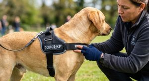 checking dog harness fit with two fingers