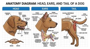 side-by-side Malamute and Husky labeled diagram of head, ears and tail