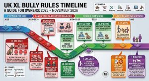timeline graphic of the UK XL Bully rules, 2023 to November 2026