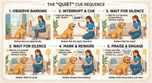 5-step visual of the dog quiet cue sequence