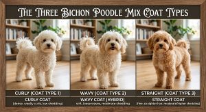Bichon Poodle mix coat types curly, wavy and cottony