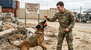 Detection dog rewarded with a ball after finding target odor