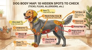 Dog body map highlighting the 10 hiding spots