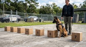 Malinois at a line of boxes giving a sit response