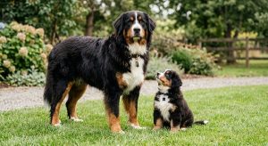 Pyrenees Bernese mix puppy sitting beside a full-grown Great Bernese