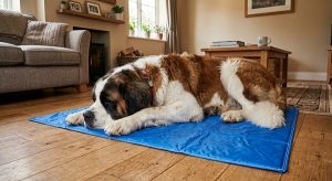 Saint Bernard in hot weather resting on cooling mat