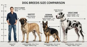 Simple size-comparison diagram Mastiff vs. German Shepherd vs. Great Dane vs. adult human