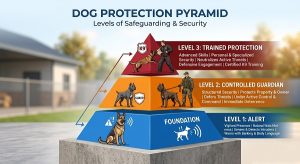 Three levels of dog protection alert, controlled guardian, trained protection