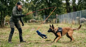 Working dog focused on a flirt pole lure during drive training