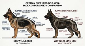 comparing the sloped back of a show-line GSD and the flatter back of a working-line GSD