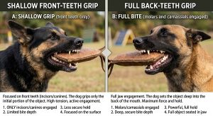 dog shallow front-teeth grip vs. a full back-teeth grip