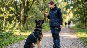 handler holding a treat at chest level while GSD makes eye contact